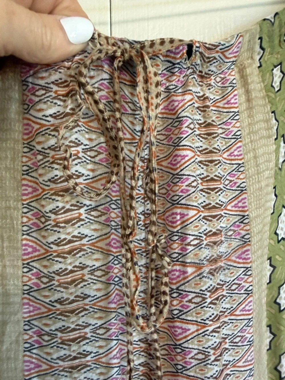 One Hundred Stars Boho Olive & Multi Print Wide-Leg 100% silk Pants. L - Picture 5 of 7